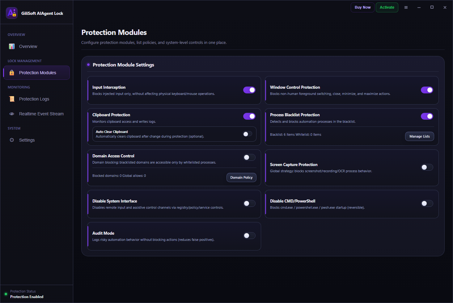 AI Agent Lock controls for automated input, windows, clipboard, capture, and command-line access