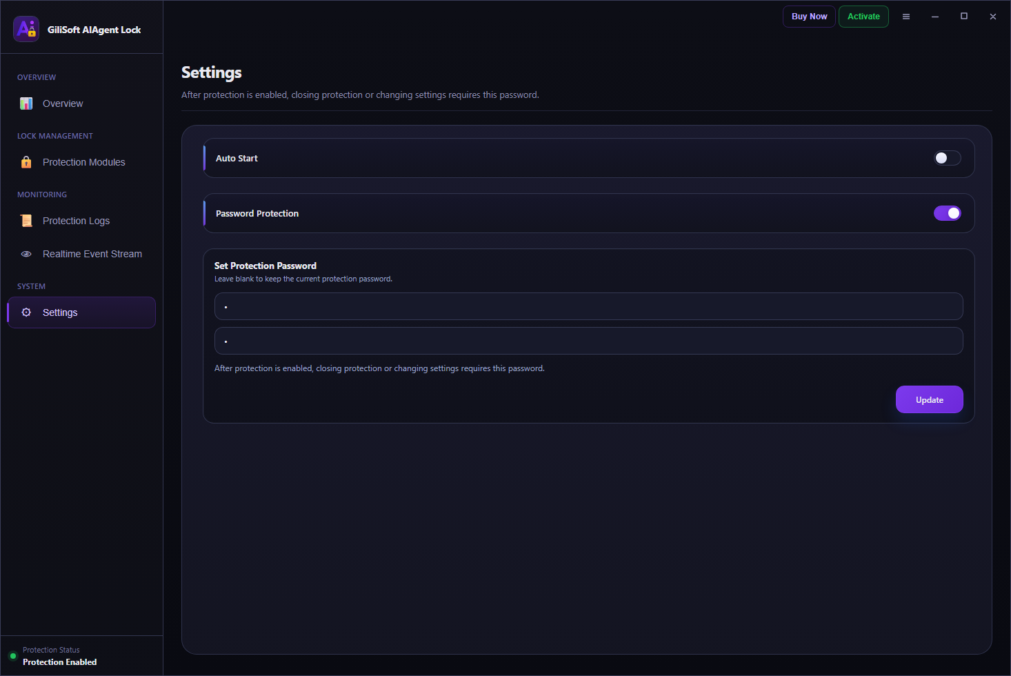 AI Agent Lock password, recovery email, and unlock settings