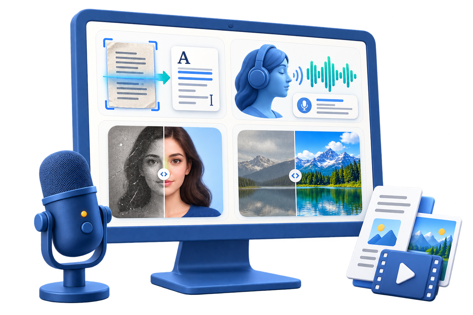 Matte blue 3D illustration of OCR, speech tools, portrait restoration, and photo enhancement in GiliSoft AI Toolkit