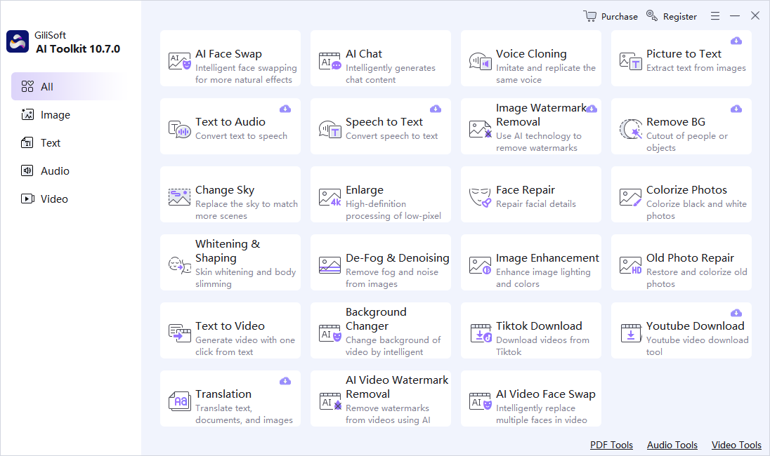 GiliSoft AIKit main dashboard with AI utility tools
