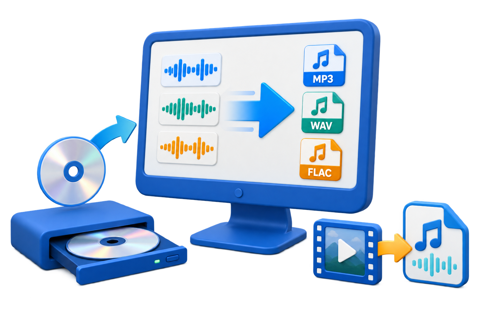 Blue 3D illustration of extracting and converting audio from video files