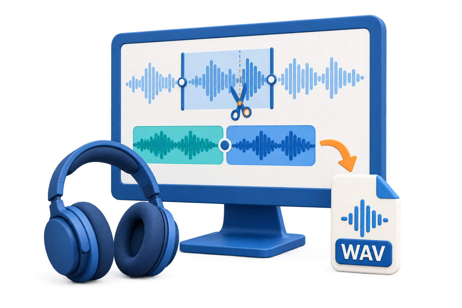 Matte blue 3D illustration of waveform trimming, joining audio clips, and exporting a WAV file