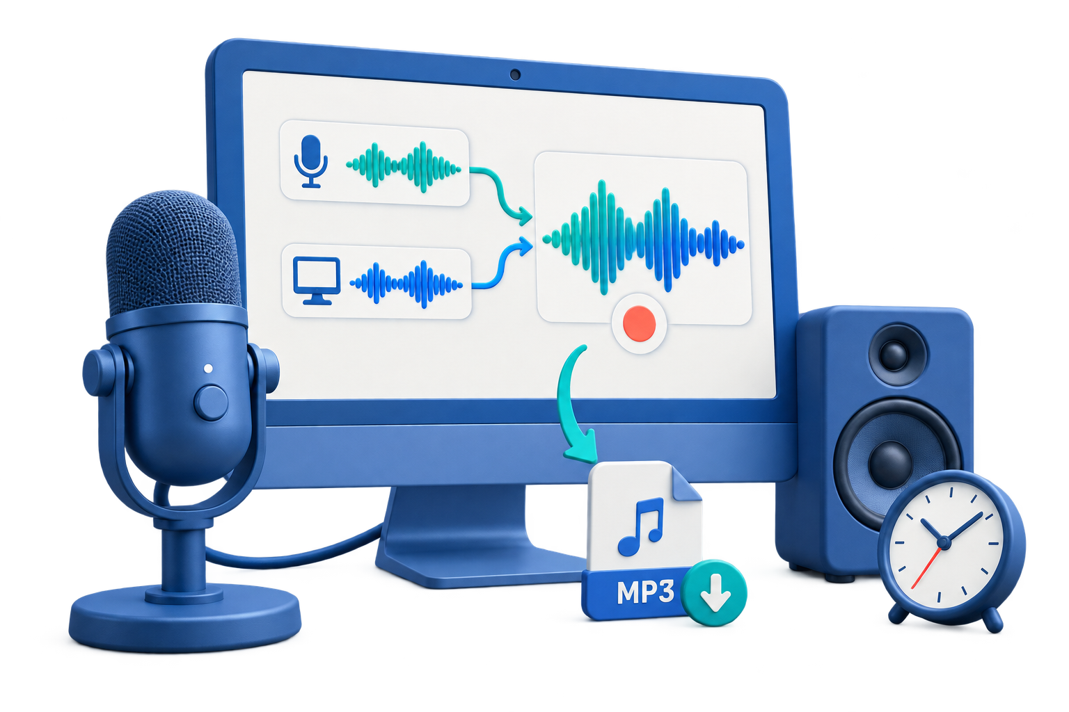 Matte blue 3D illustration of computer and microphone audio recording, scheduled capture, and saving an MP3 file
