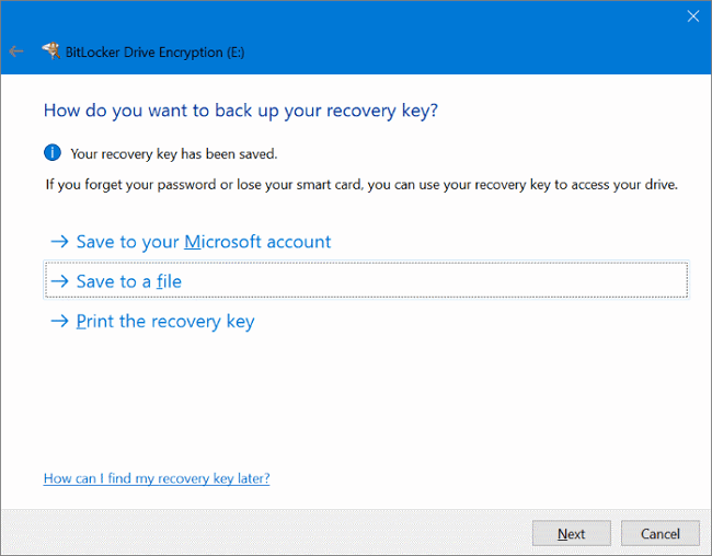 save the BitLocker recovery key