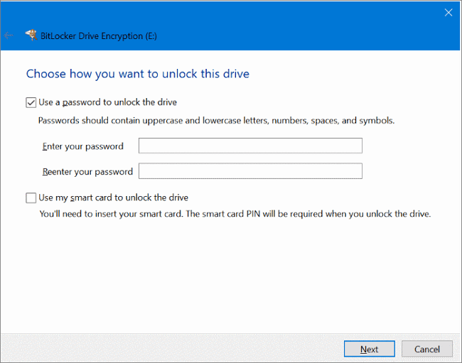 set a password to unlock the drive