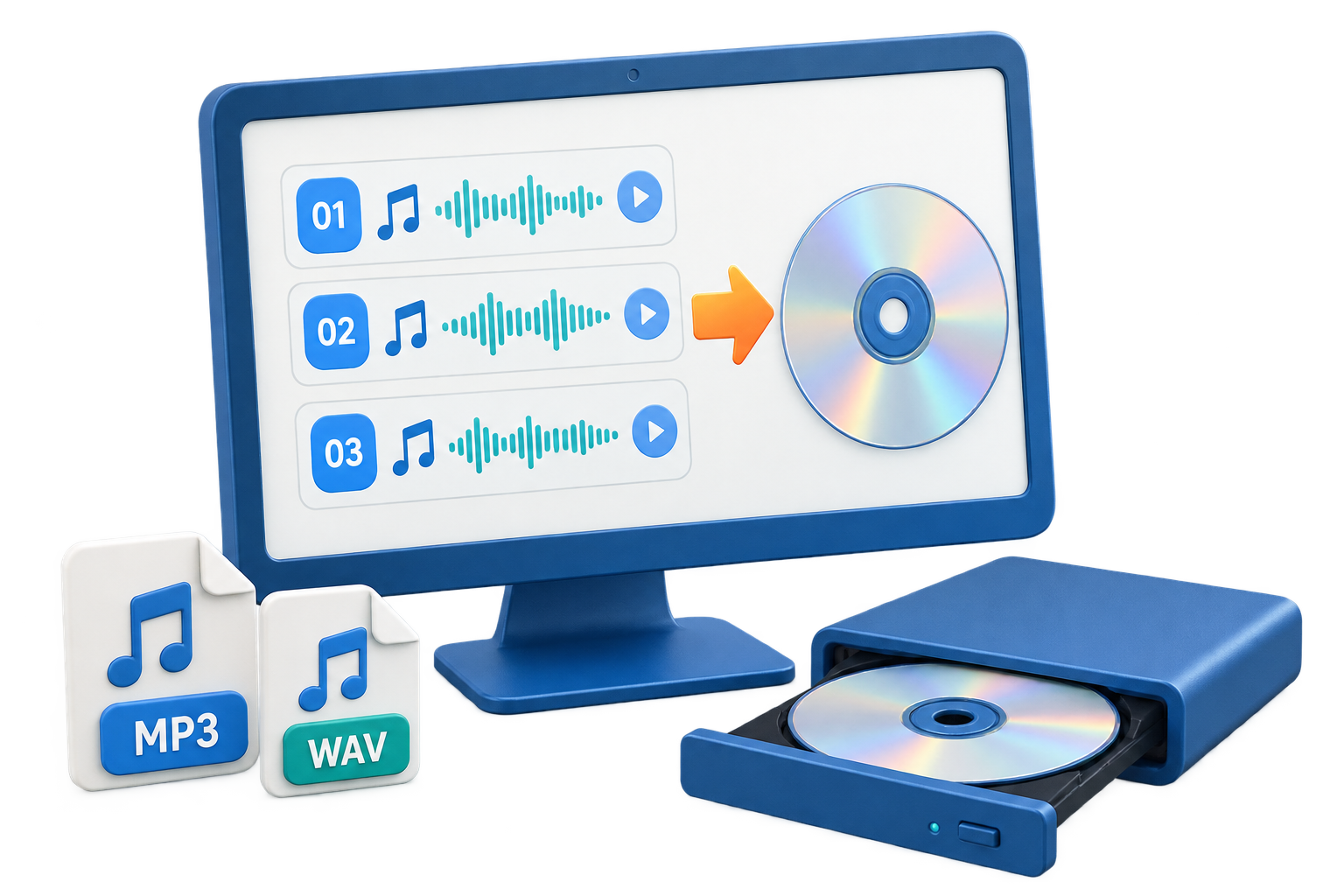 Matte blue 3D illustration of MP3 and WAV files arranged into tracks and burned to a music CD