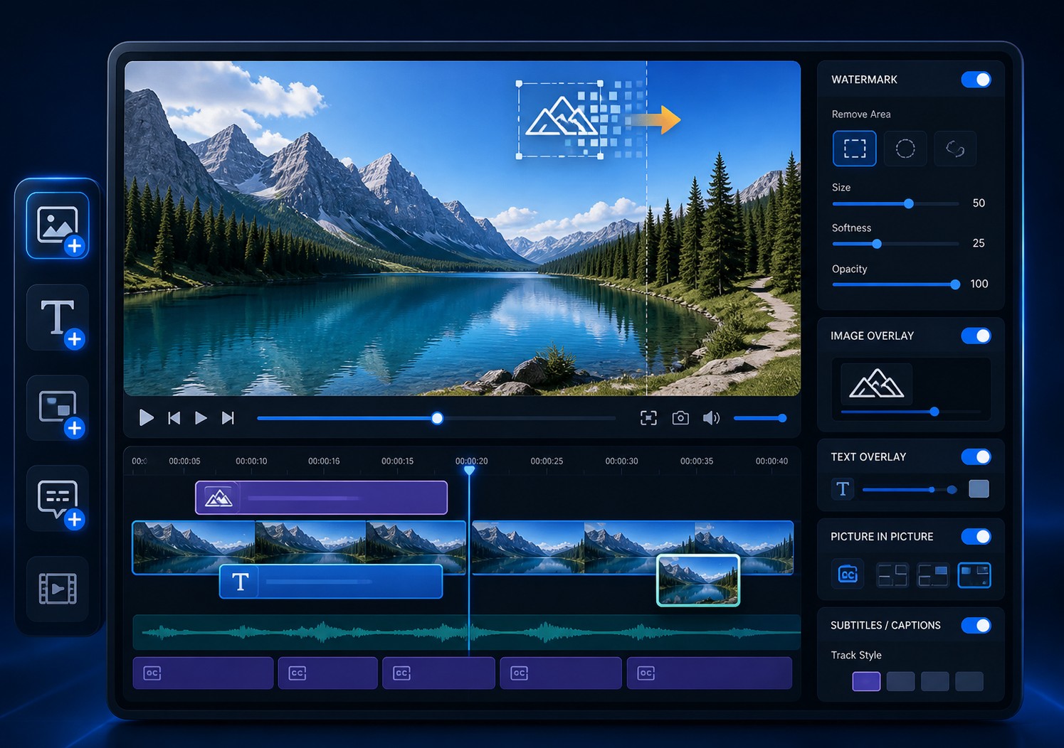 Video watermarking workflow with image, text, and video overlays in GiliSoft ClipMark