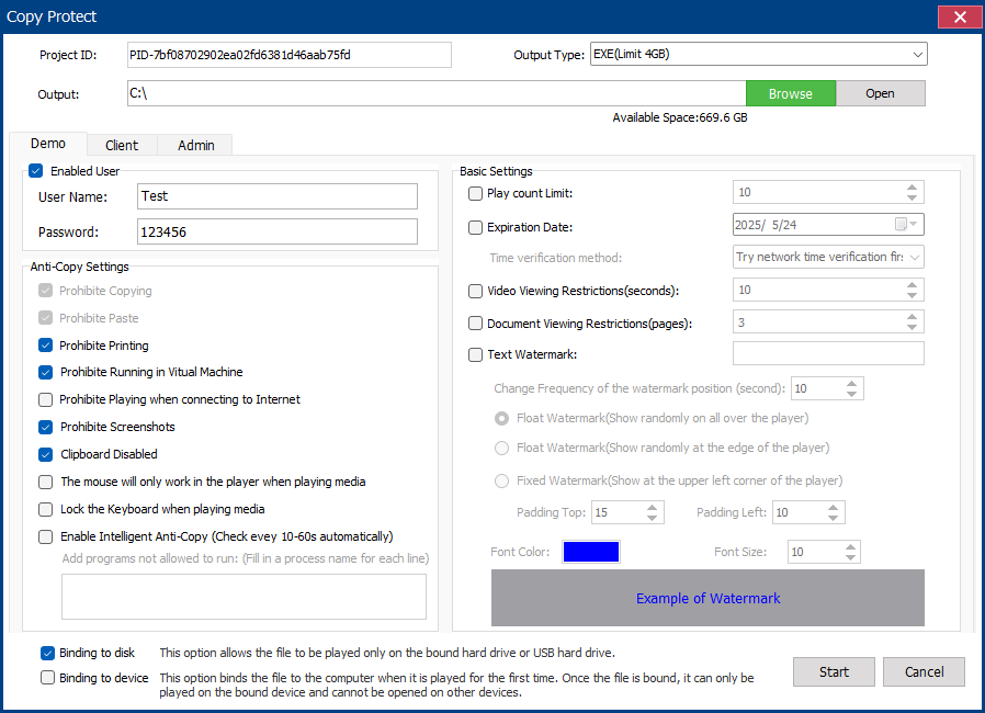 Configure demo access for a protected USB content package