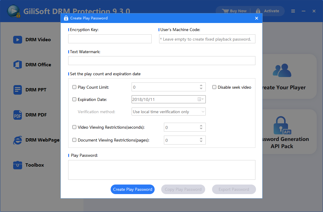GiliSoft Video DRM Protection password creation and authorization interface