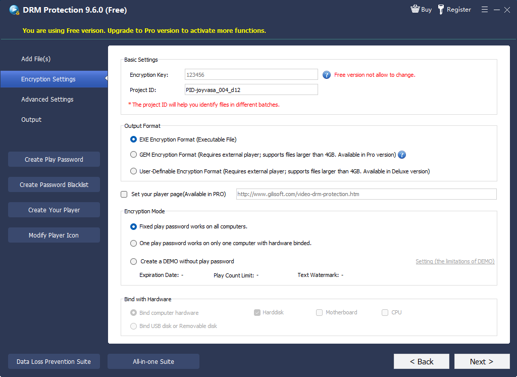 GiliSoft Video DRM Protection encryption settings with PC and USB binding modes