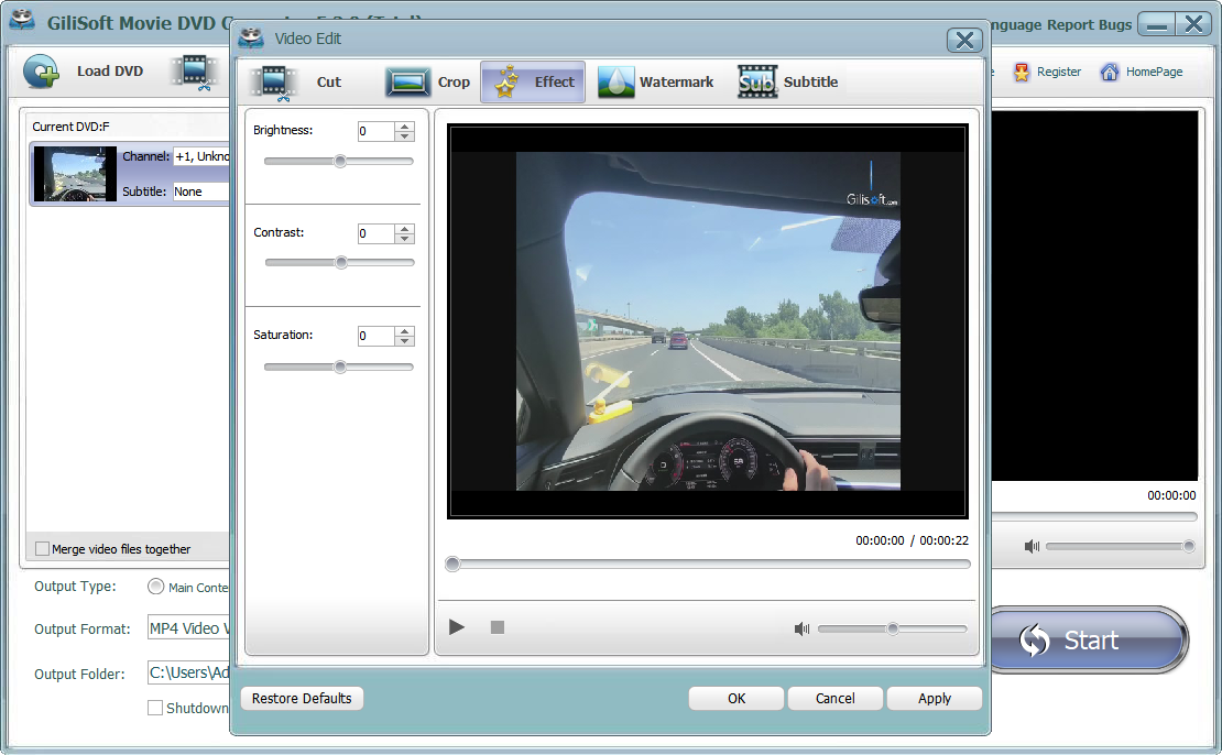 Adjust DVD video effects before conversion