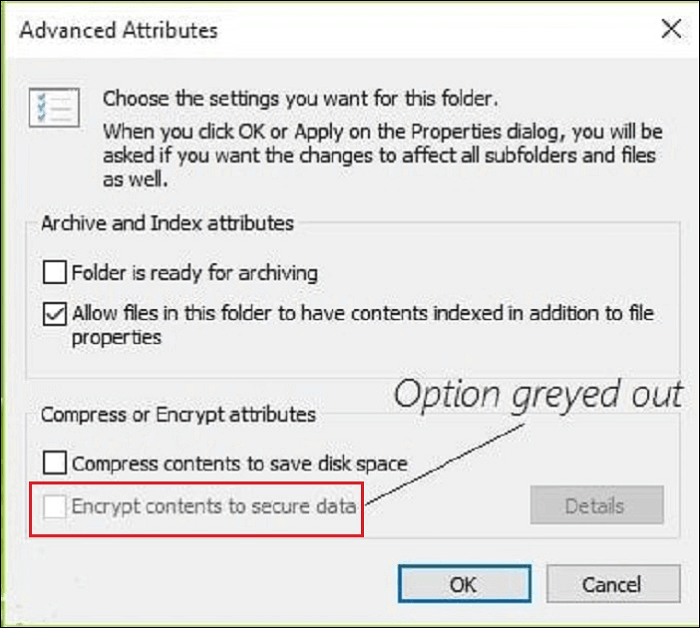 Encrypt contents to secure data option in Windows folder properties