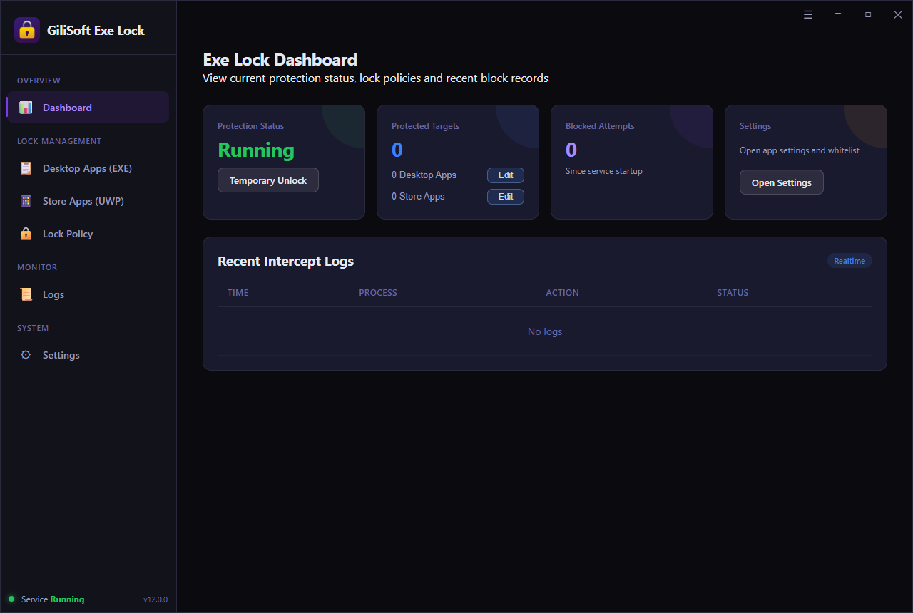 GiliSoft EXE Lock dashboard showing protection status, protected targets, blocked attempts, and recent intercept logs