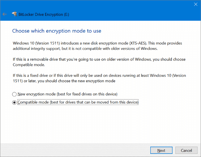 choose bitlocker compatible mode