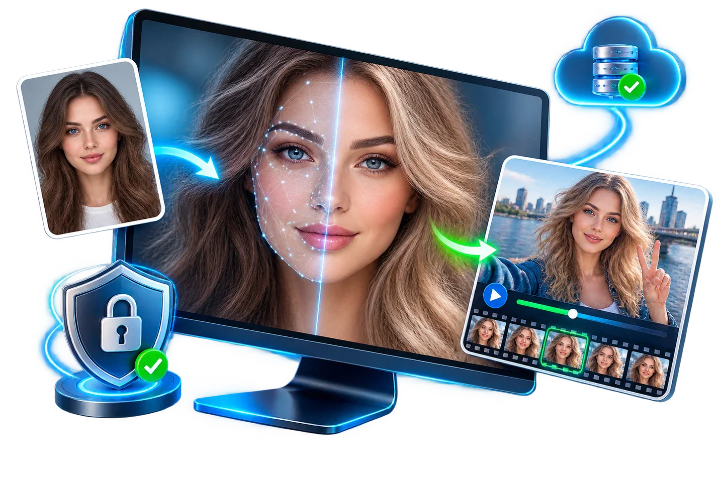 AI face swap for photos and videos with facial alignment, cloud processing, and offline privacy