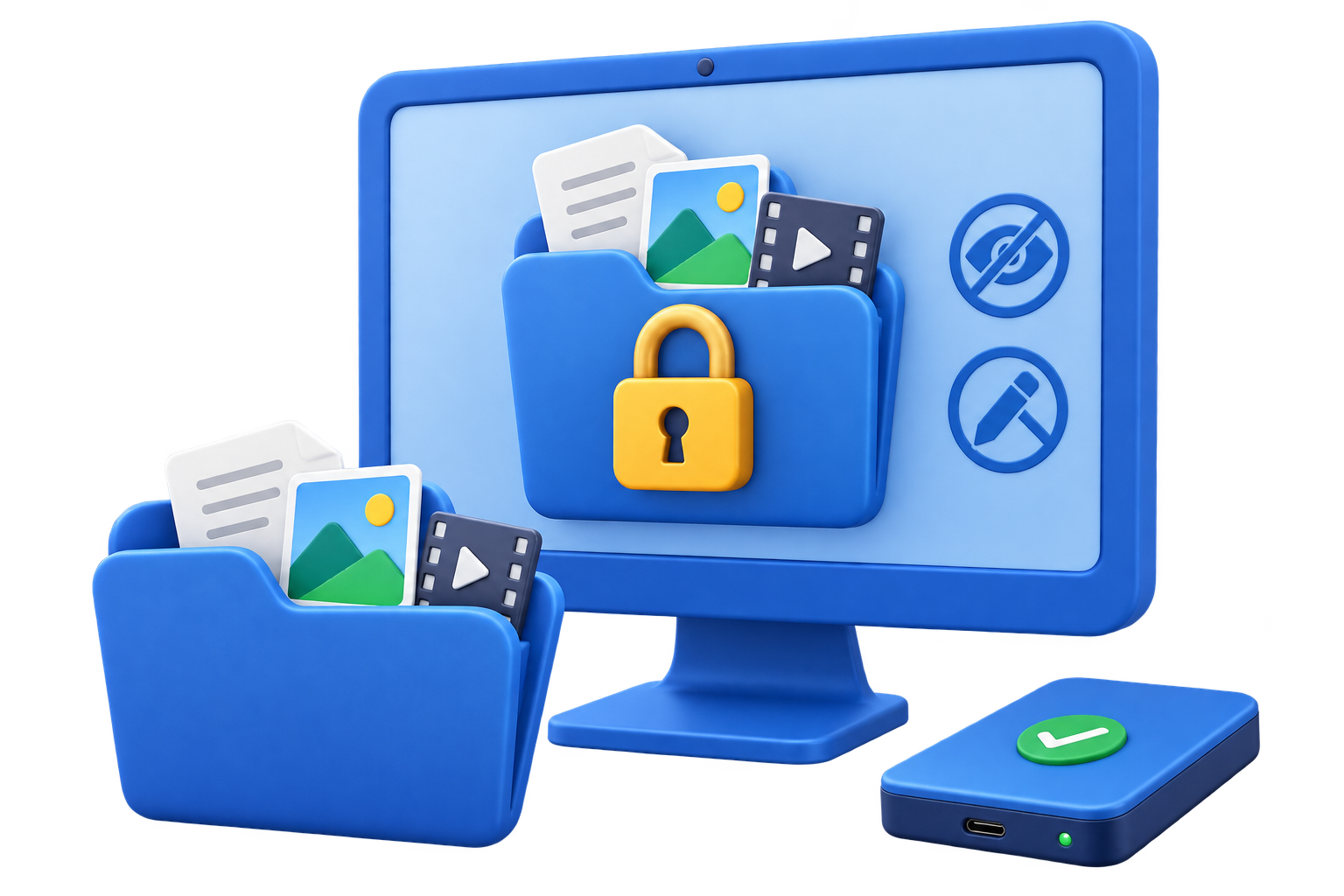 GiliSoft File Lock Pro illustration showing locked folders, hidden files, protection against changes, and portable drive security
