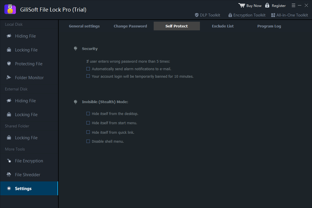 GiliSoft File Lock Pro security settings interface