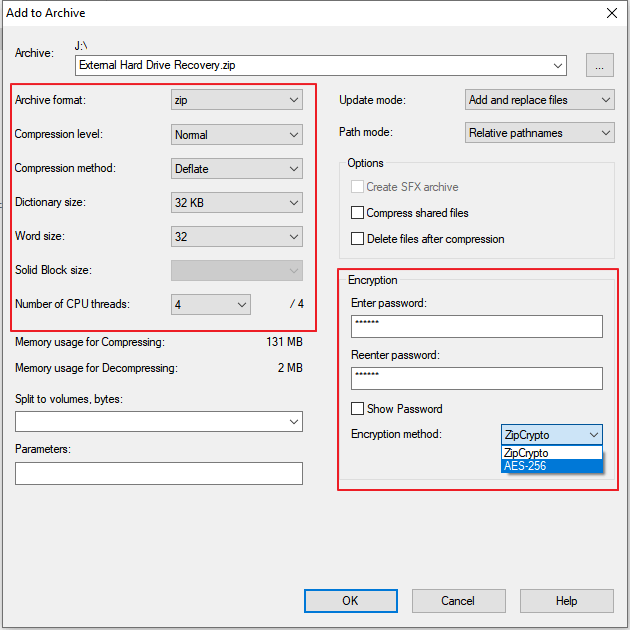 Set a password in 7-Zip