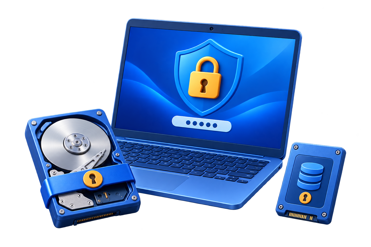 GiliSoft Full Disk Encryption illustration showing password authentication and protected hard disk and SSD storage