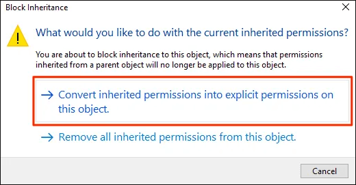 Convert inherited Windows permissions into explicit permissions