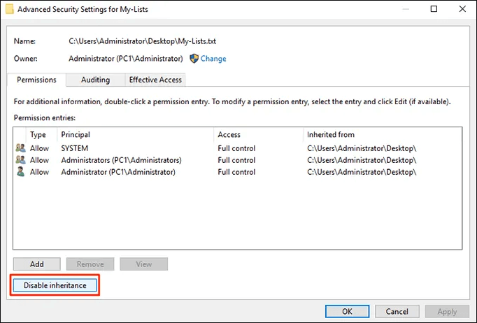 Disable inherited permissions in Windows