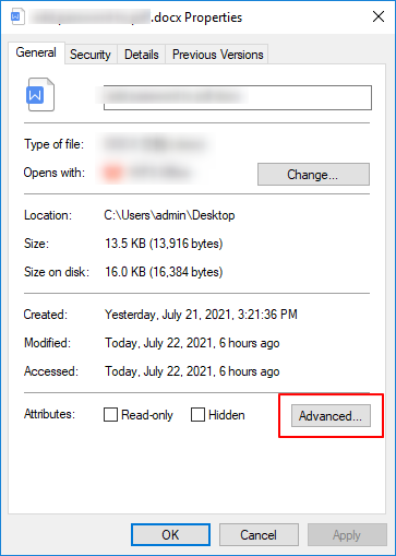 Open Advanced Security Settings for a file in Windows