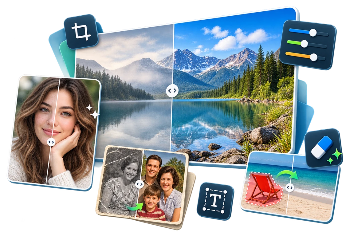 Photo editing workflow showing color correction, portrait retouching, object cleanup, and old photo enhancement