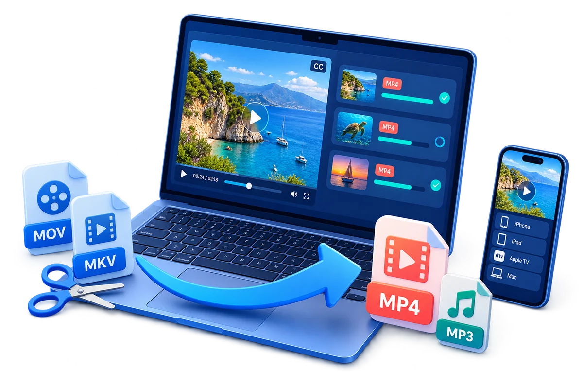 Mac video converter illustration with batch processing, MOV and MKV conversion, MP4 and MP3 output, trimming, and device profiles