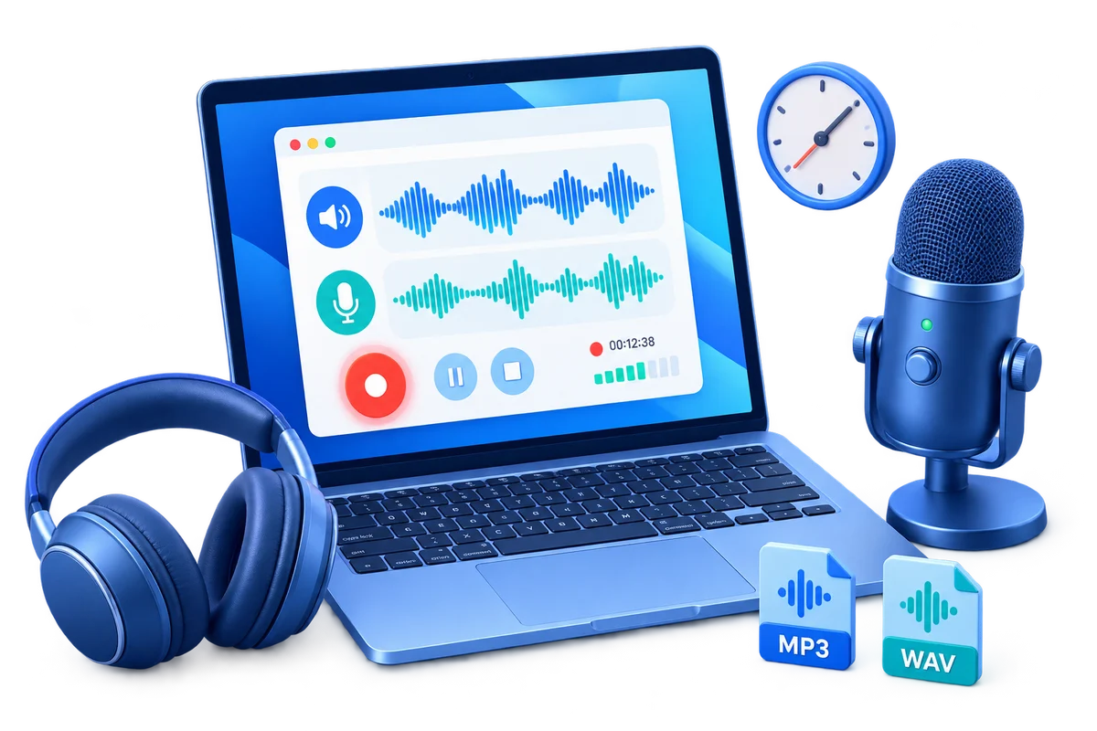 Mac audio recording illustration with a laptop waveform, microphone, recording timer, and WAV and MP3 files