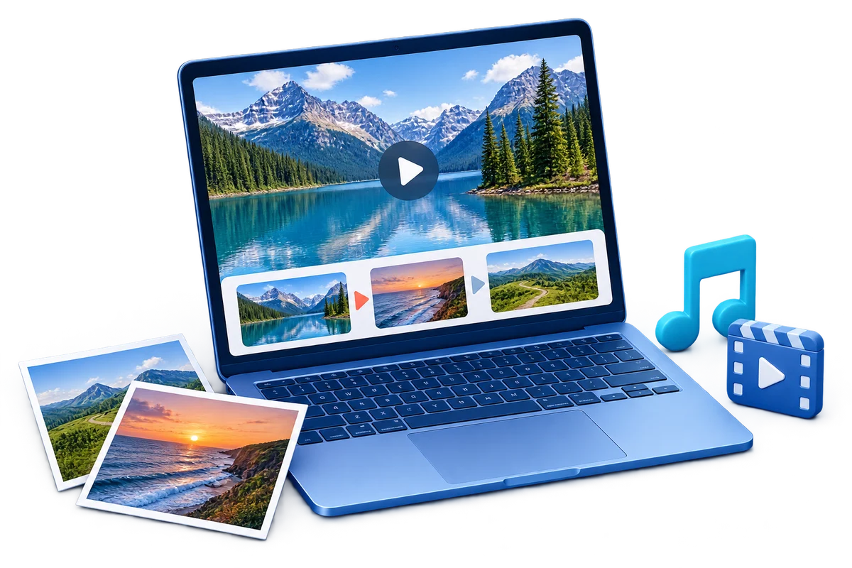 Mac laptop showing a photo slideshow with transitions, music, and video export