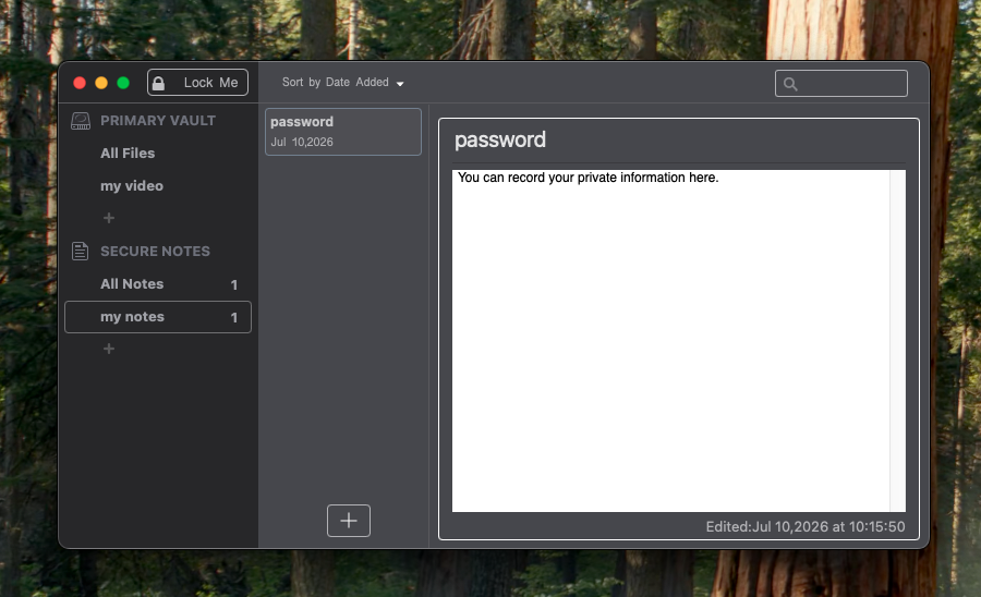 Secure Notes list and private-text editor