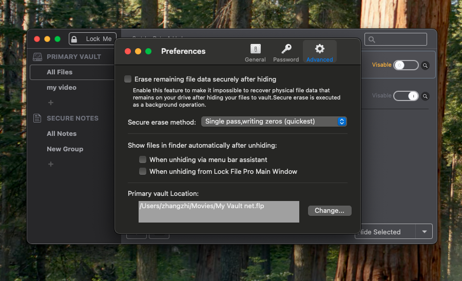 Advanced preferences for erasure, Finder reveal, and vault location