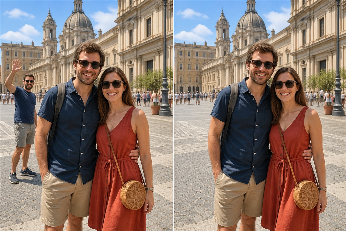 Before and after portrait photo with a background photobomber removed