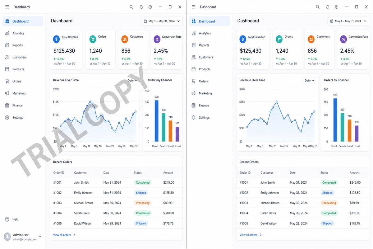 Before and after dashboard screenshot with a trial watermark removed