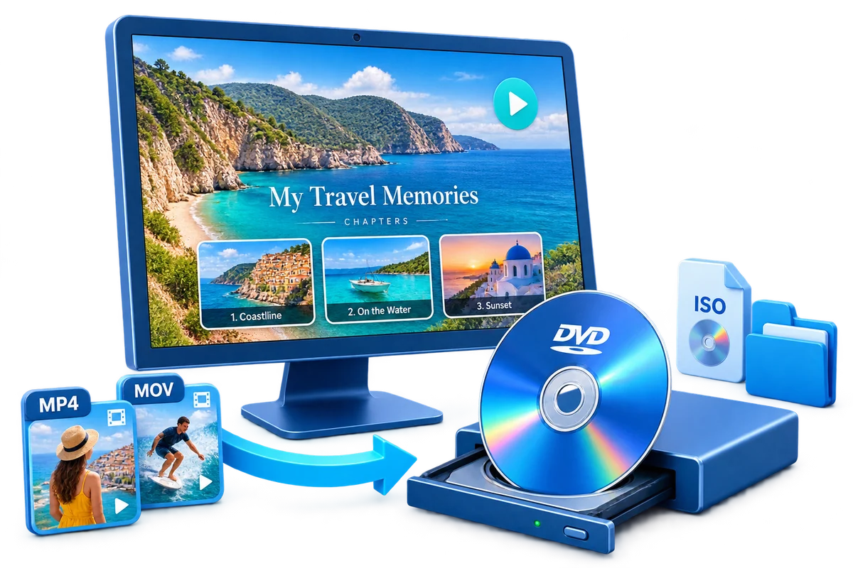 DVD creation illustration with video files, a chapter menu, optical disc and burner, ISO file, and DVD folder