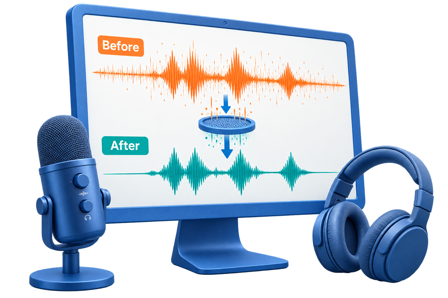 Matte blue microphone and headphones beside before-and-after waveforms showing audio noise reduction