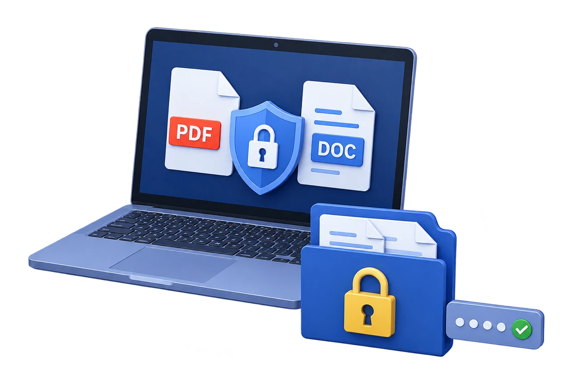 PDF and DOC documents protected with a password on a laptop