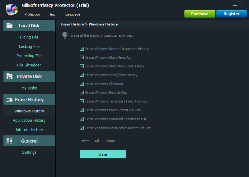 Clear Windows activity history with GiliSoft Privacy Protector