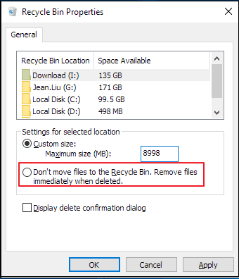 Configure the Recycle Bin to remove files immediately