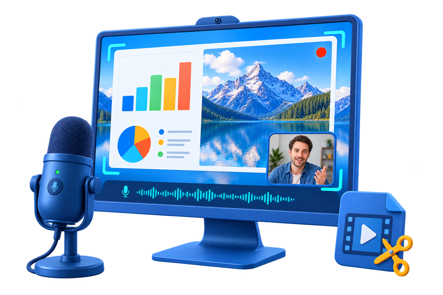 GiliSoft Screen Recorder Pro illustration showing screen capture, webcam picture-in-picture, microphone audio, and video editing