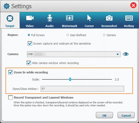 Zoom while recording settings