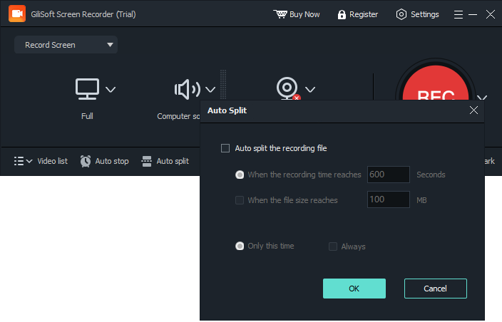 Automatically split a screen recording by time or file size