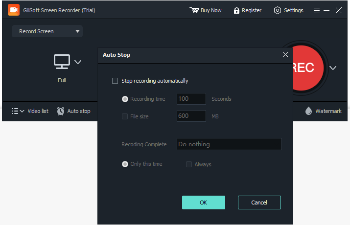Automatically stop a screen recording by time or file size