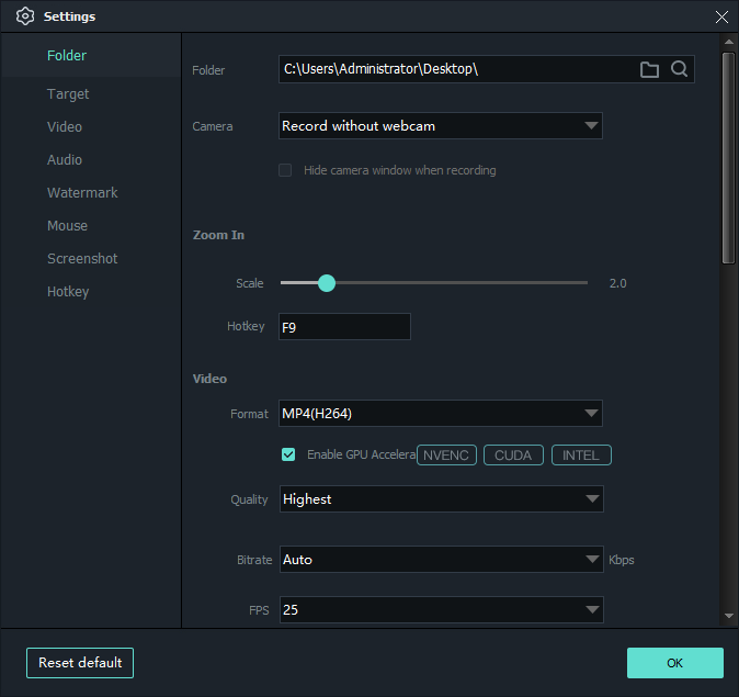 Folder settings showing the recording destination and additional capture settings