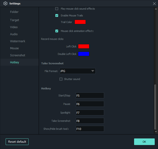 Screen recording hotkey settings