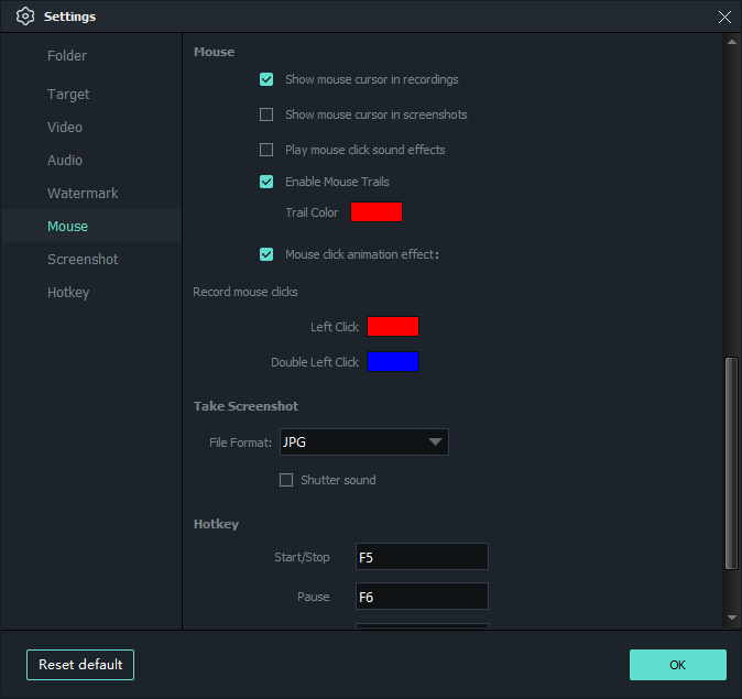 Mouse cursor and click effect settings