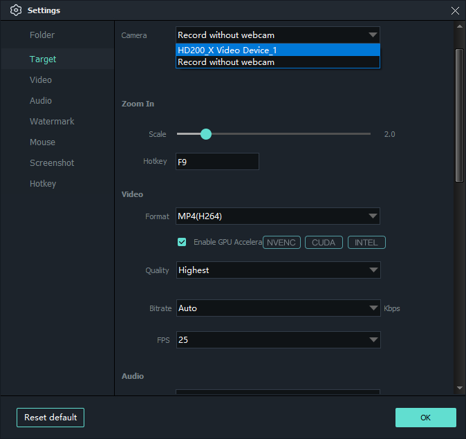 Target settings with camera selection and Zoom In scale and hotkey