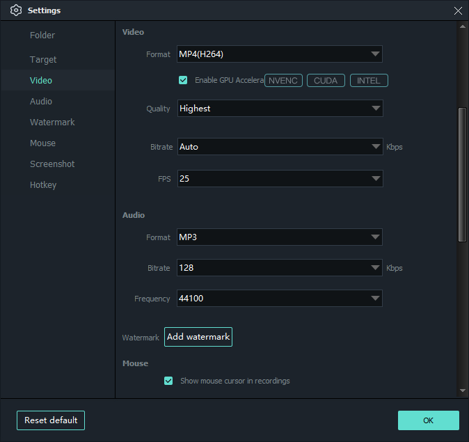 Configure screen recording video format quality resolution and frame rate