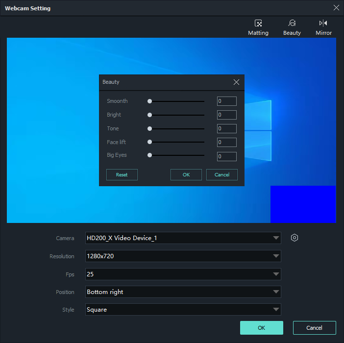 Webcam beauty and skin smoothing controls