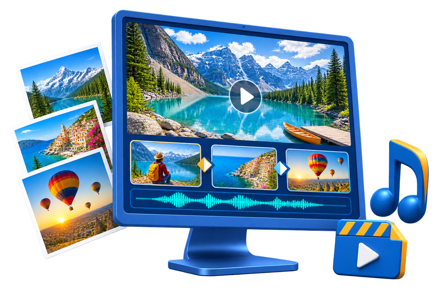 GiliSoft Slideshow Maker illustration showing photos combined into a video with transitions and music